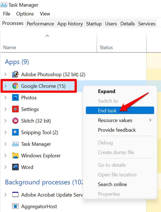 end task in Windows task manager
