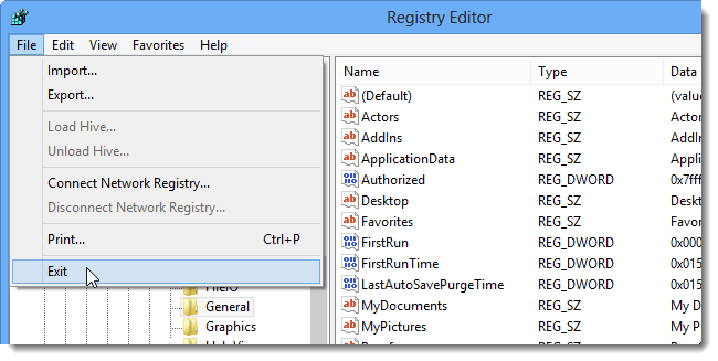 Закрытие regedit через меню File → Exit