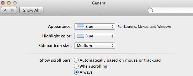 Настройка отображения полос прокрутки в Системных настройках