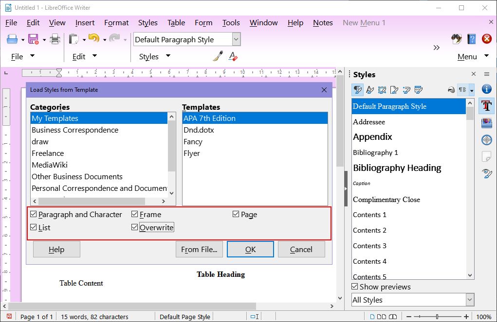 Выбор шаблона стилей в LibreOffice Writer
