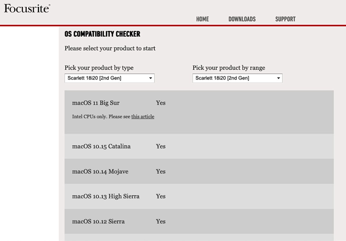 Совместимость Focusrite на сайте производителя