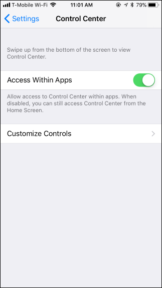 Экран «Настроить элементы управления» в Настройках iOS