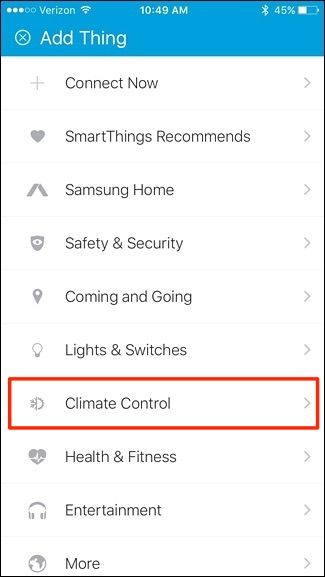 Раздел управления климатом в SmartThings