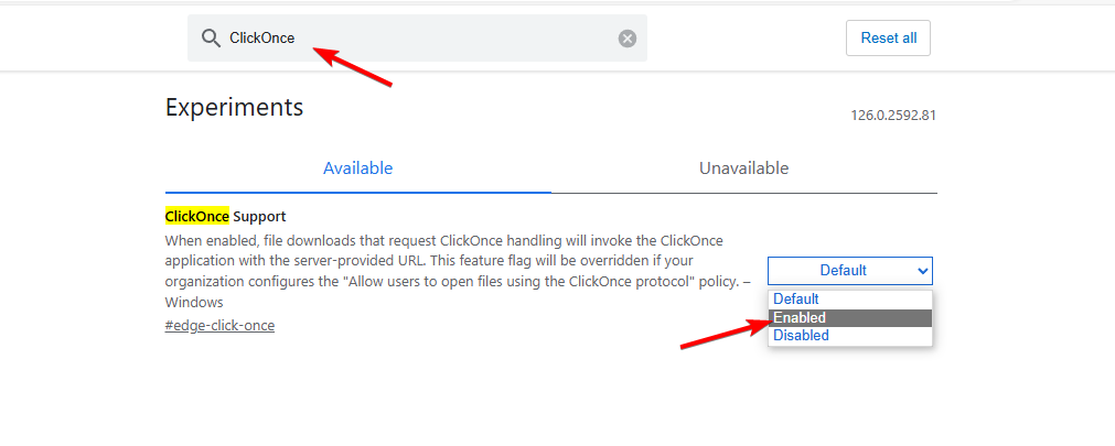 Включение ClickOnce на странице флагов Edge