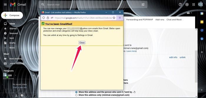 Оповещение о завершении связывания Gmail с Yahoo