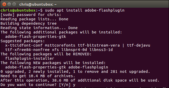 Установка пакета adobe-flashplugin через терминал