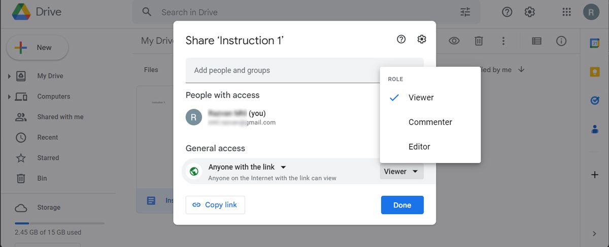 Окно настройки доступа Google Drive — выбор 'Доступ по ссылке'