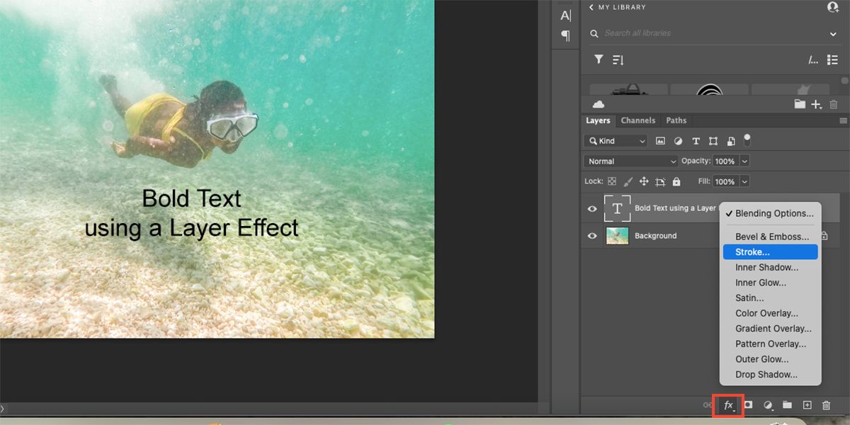 Photoshop с выделенным слоем и кнопкой эффектов.
