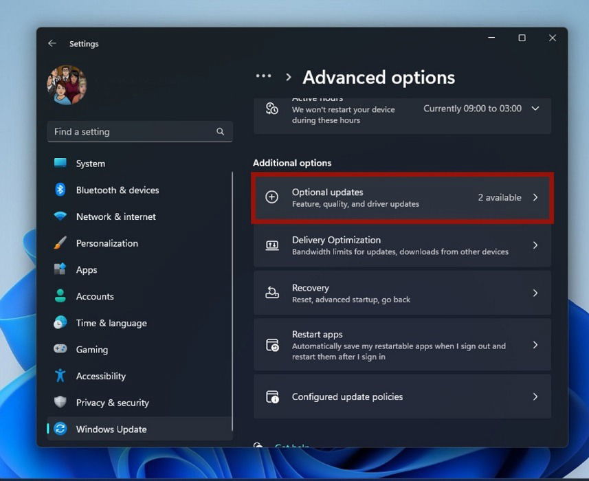 Секция Необязательные обновления в Windows
