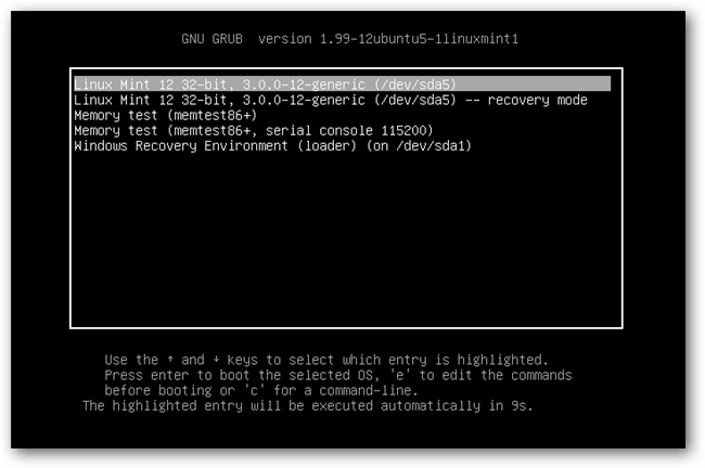 Меню загрузчика GRUB с записями для Linux Mint и Windows Recovery Environment