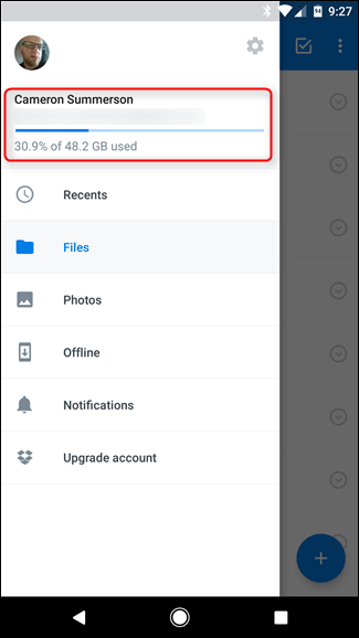 Экран настроек Dropbox на Android с показателем использованного пространства