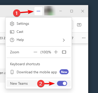 Меню профиля в Microsoft Teams: три точки и пункт New Teams