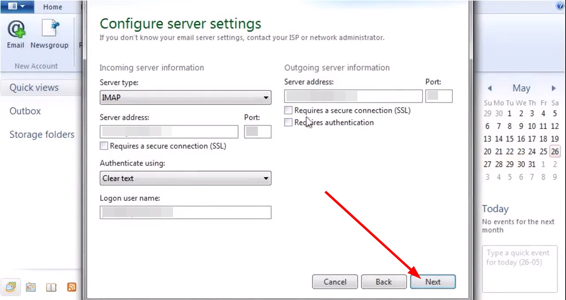Кнопка 'Next' в мастере настройки почты