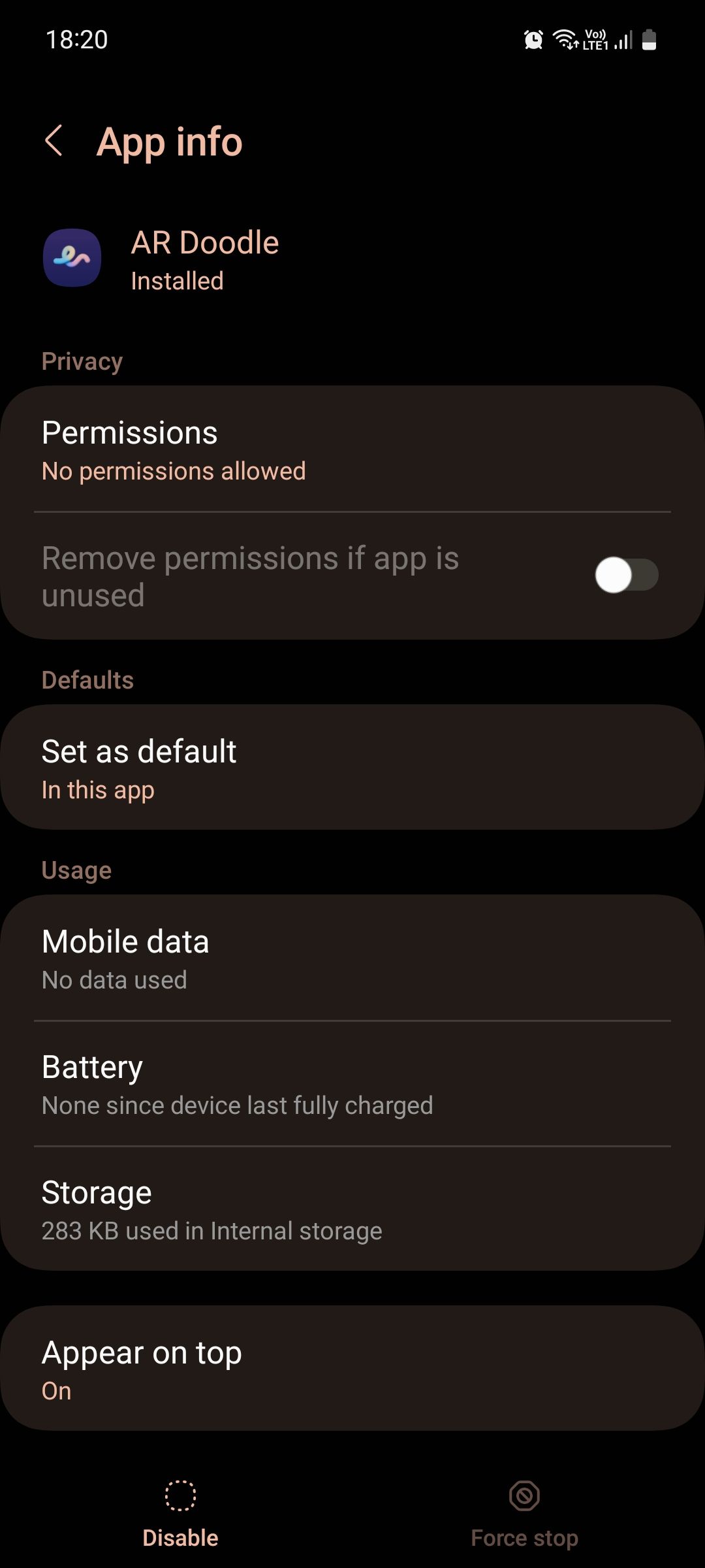 Страница сведений приложения AR Doodle в One UI