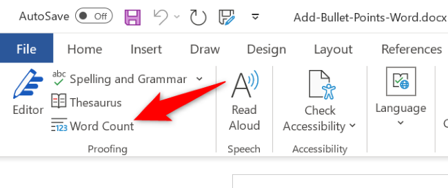 Пункт «Подсчёт слов» в ленте Word