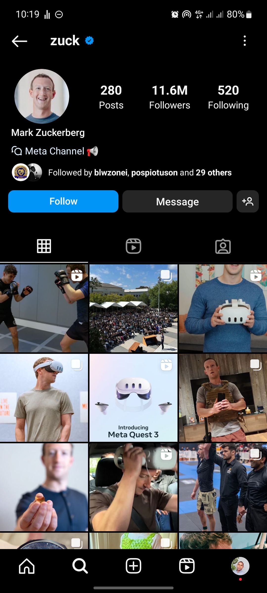 screenshot of zuck instagram profile
