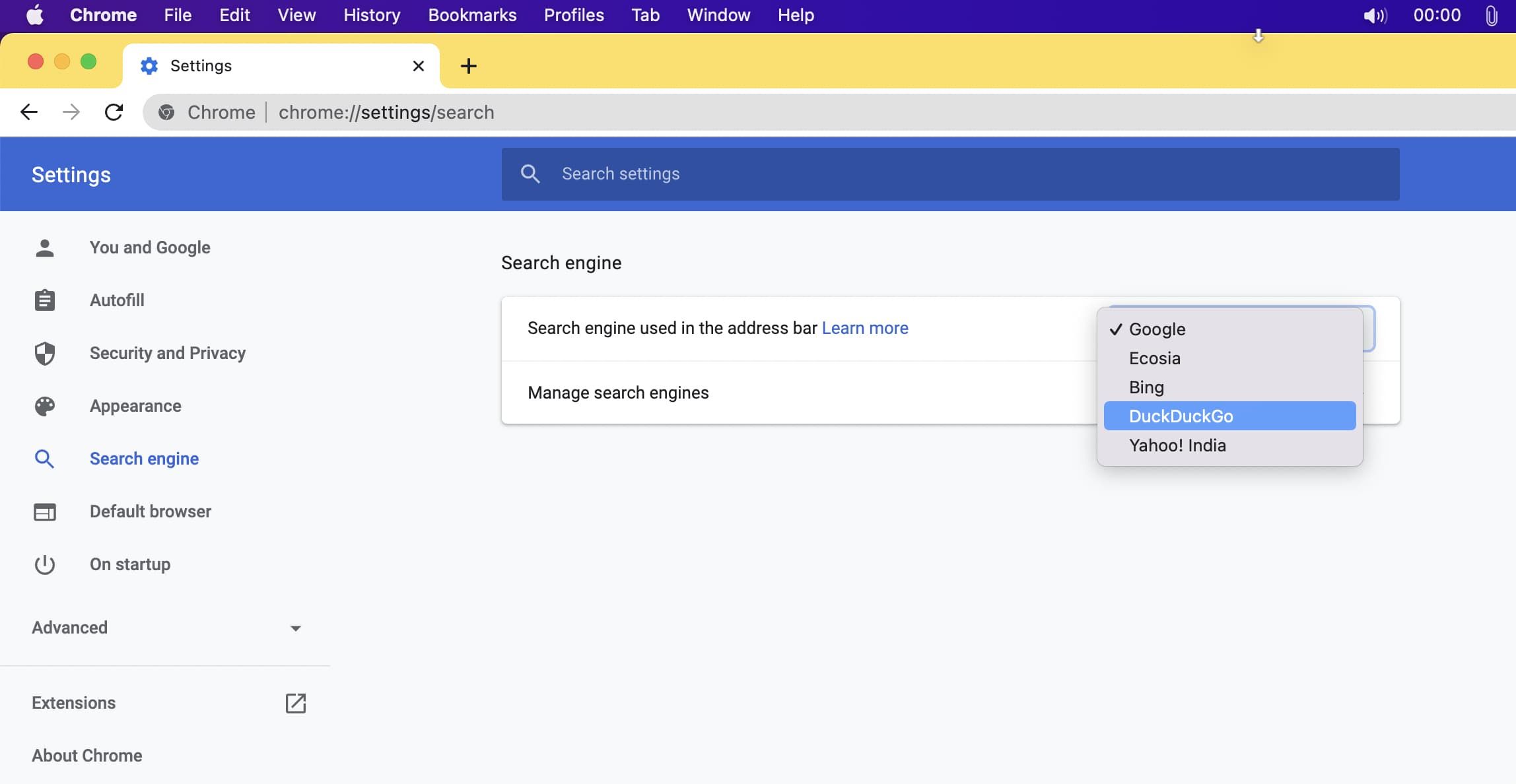 Поисковая система в адресной строке Chrome на Mac