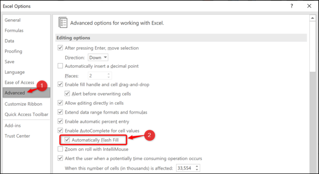 Параметр в настройках Excel для отключения автоматического Flash Fill