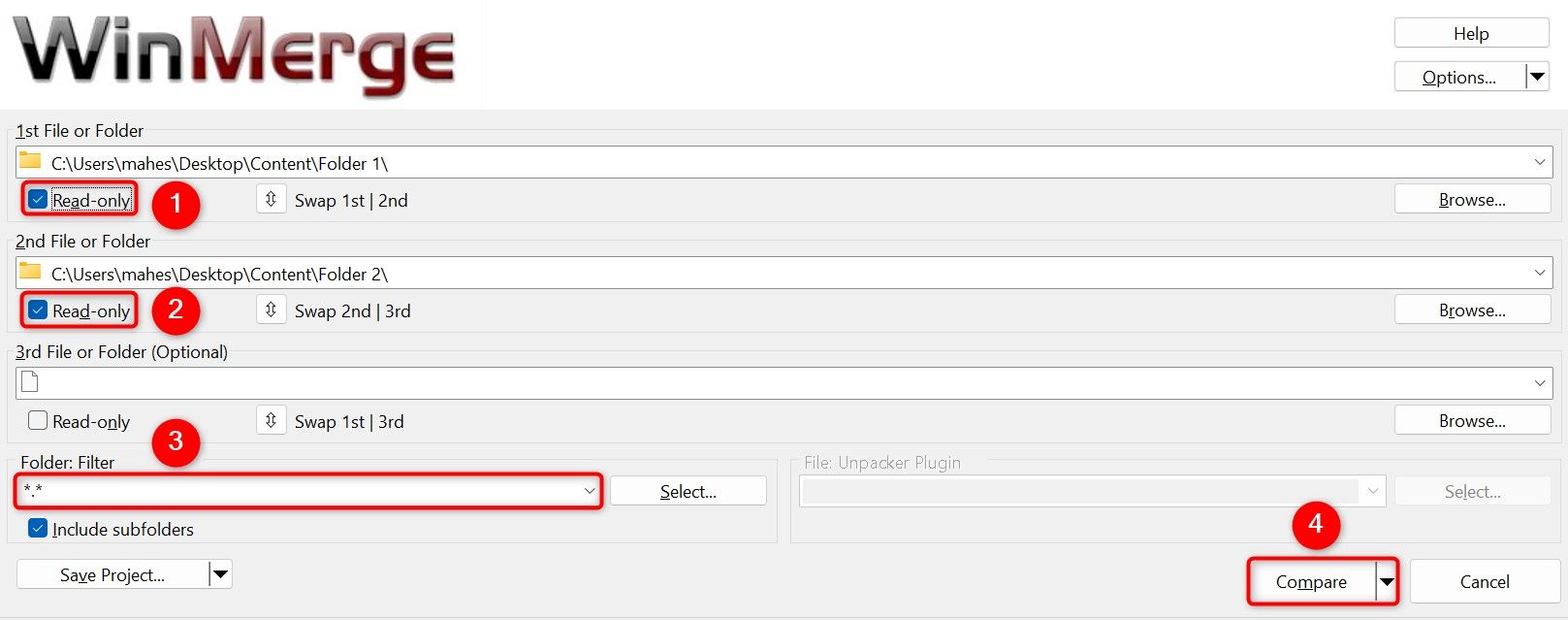 Параметры сравнения и кнопка Сравнить в WinMerge выделены.