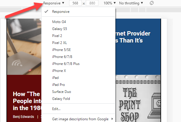 Выпадающий список устройств в DevTools.