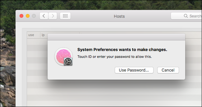 Запрос Touch ID или пароля для редактирования hosts