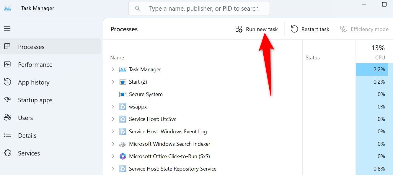 Запустить новую задачу в Диспетчере задач Windows 11.