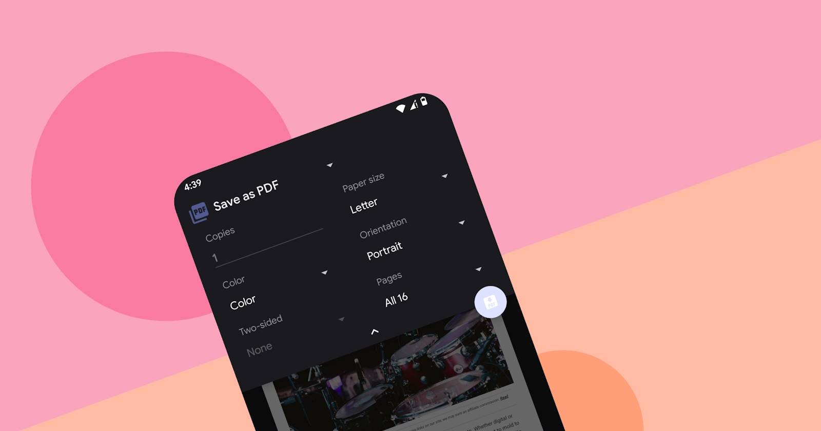 mockup экрана Android с опцией сохранить как PDF