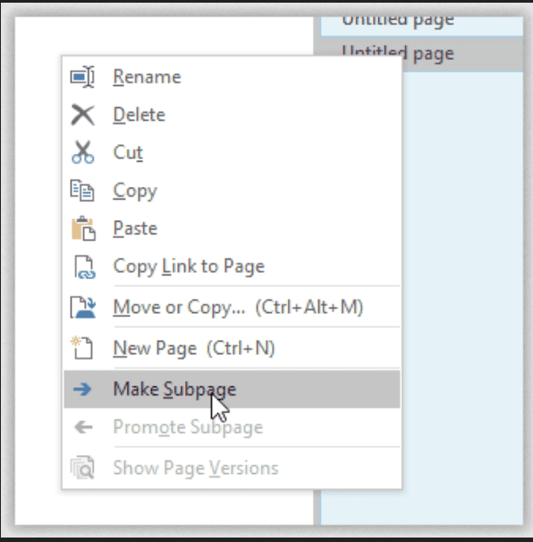 Скриншот контекстного меню OneNote с опцией «Сделать подраздел»