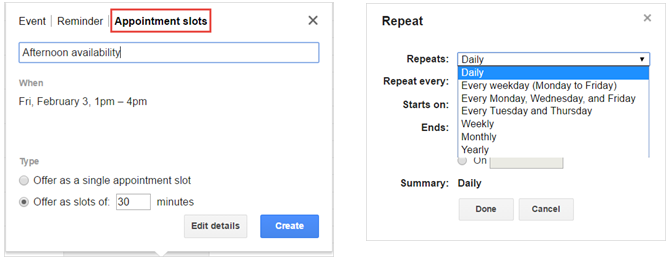 Окно создания слота приёма в Google Calendar