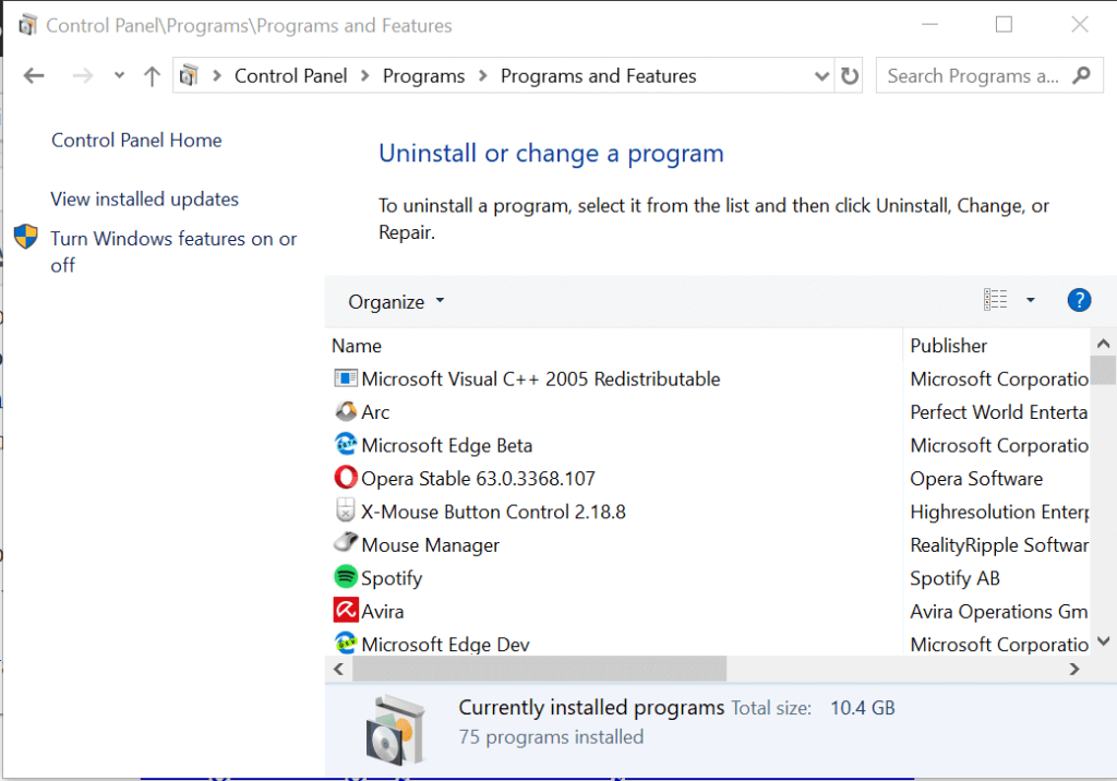 Панель управления Windows с выделенным Arc Client