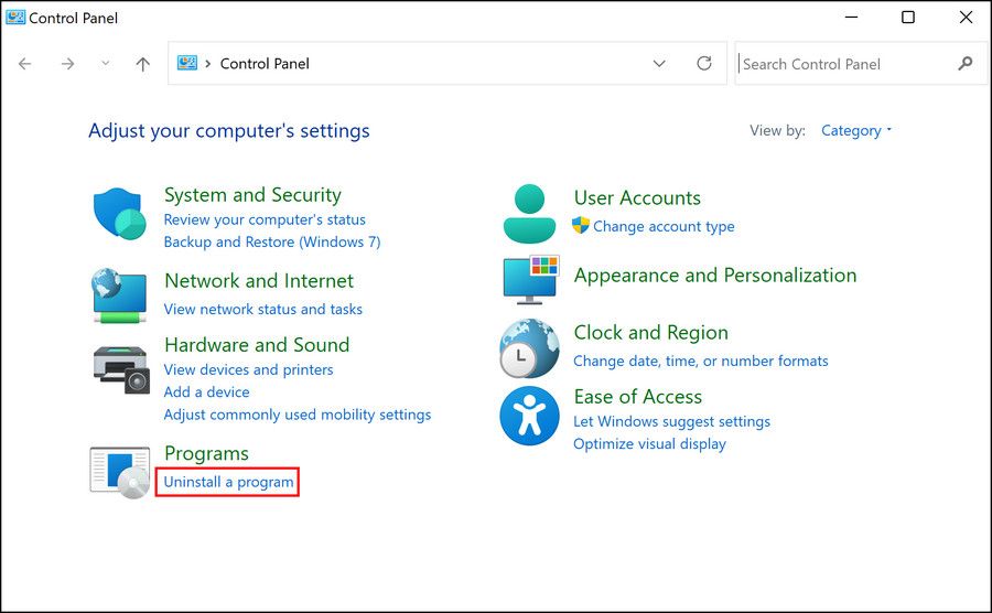 Окно удаления программы в Панели управления