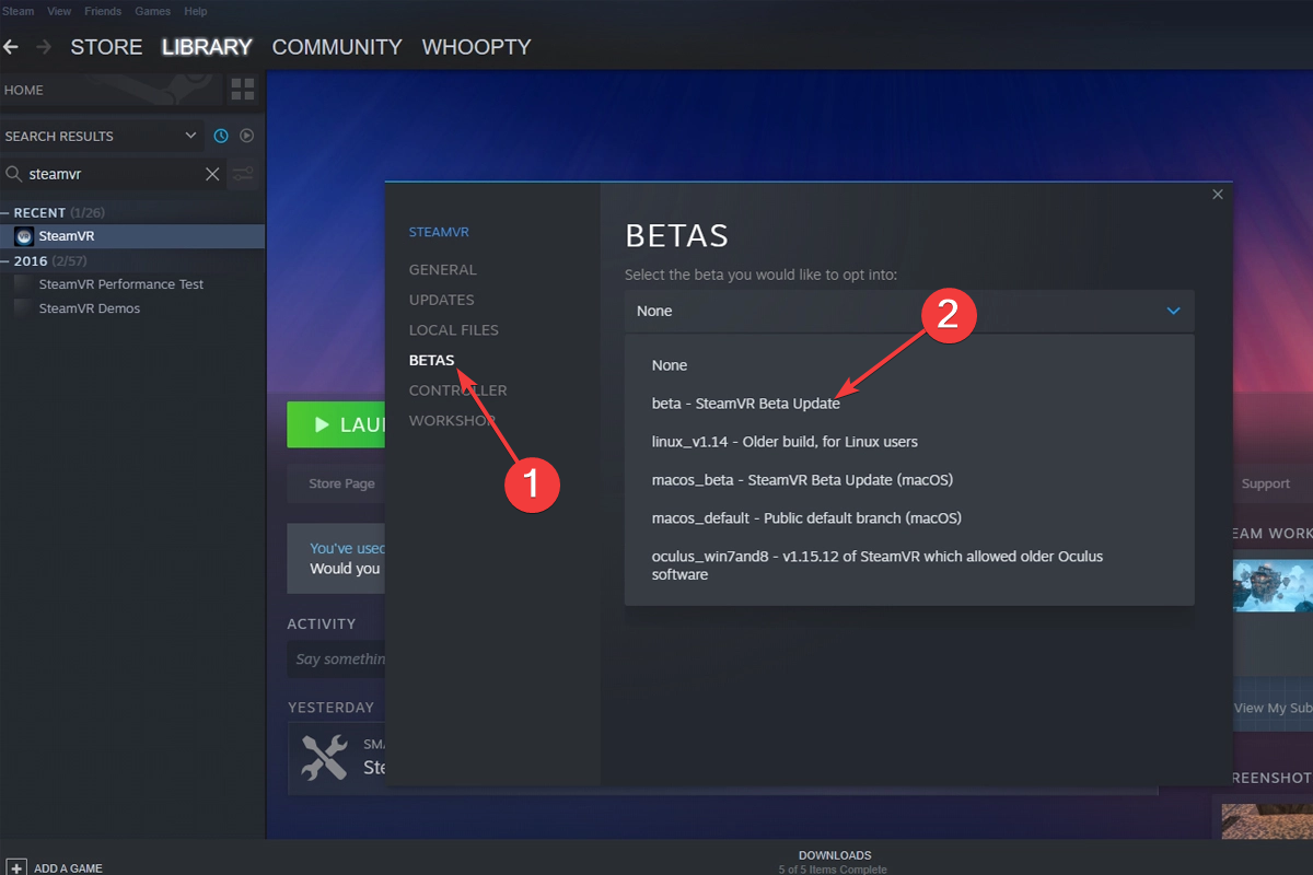 Выбор бета-ветки SteamVR в свойствах приложения