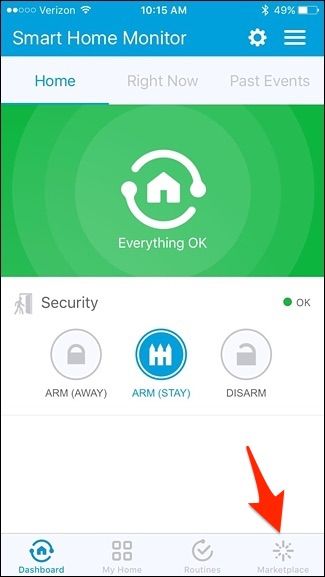 Скриншот вкладки Marketplace в SmartThings с нижней навигацией