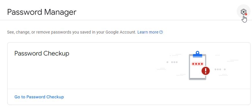 Нажатие значка шестерёнки для настроек паролей в Google