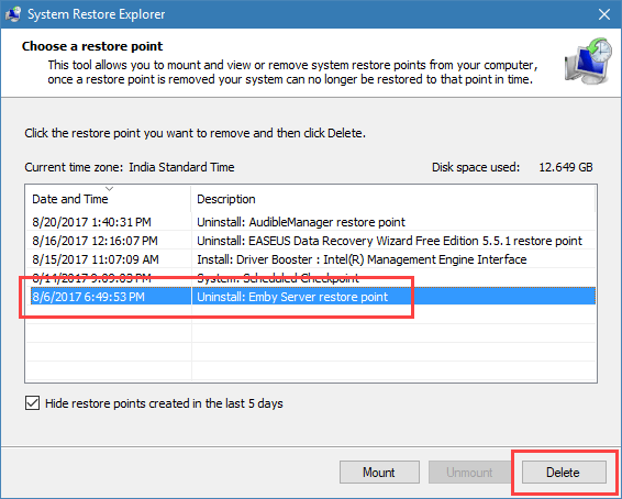 Удаление отдельной точки восстановления в System Restore Explorer