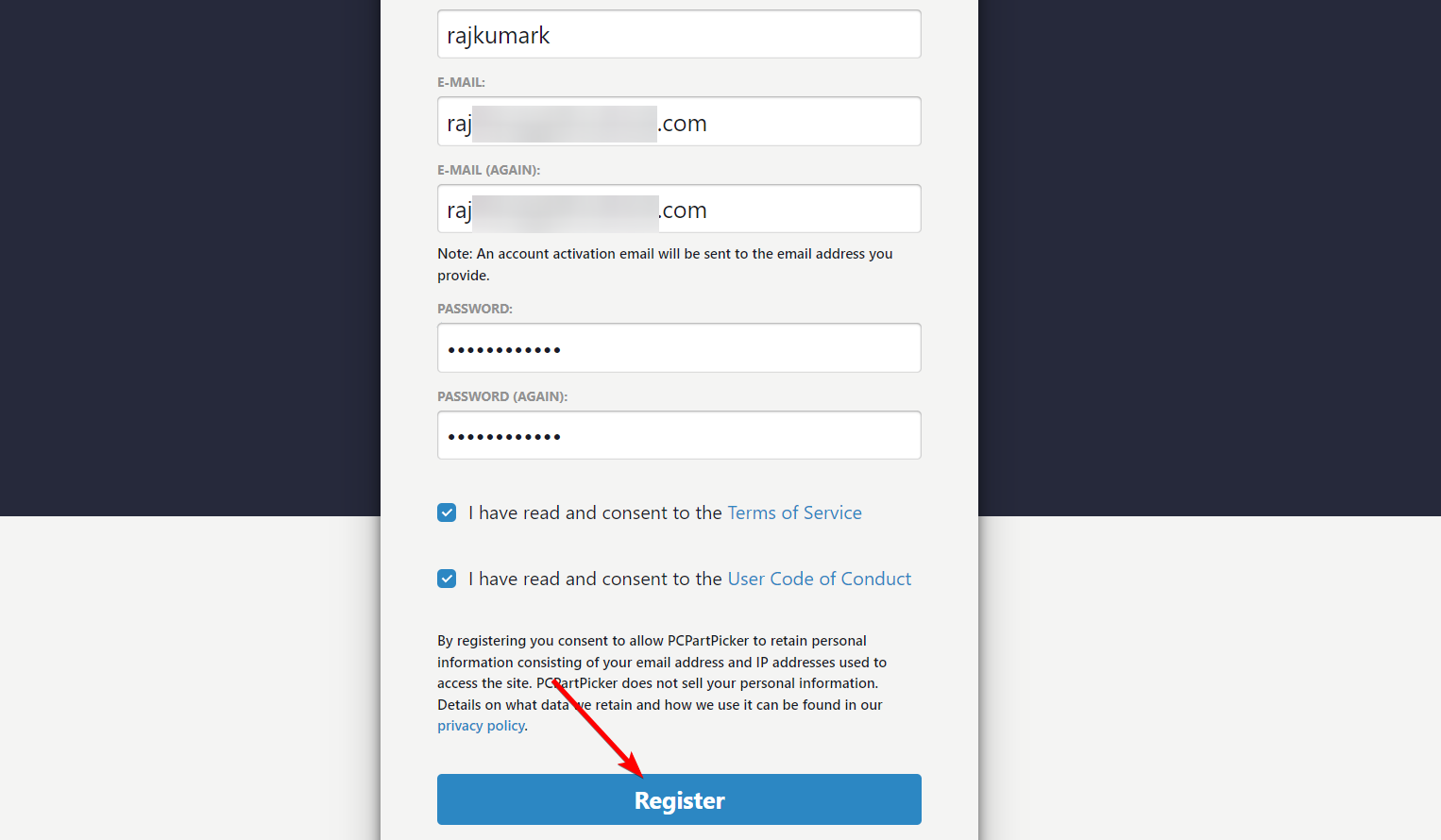 Форма регистрации с полями для username, email и password