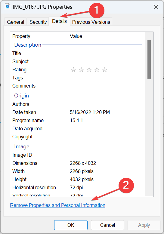 Удаление личных данных — кнопка в свойствах