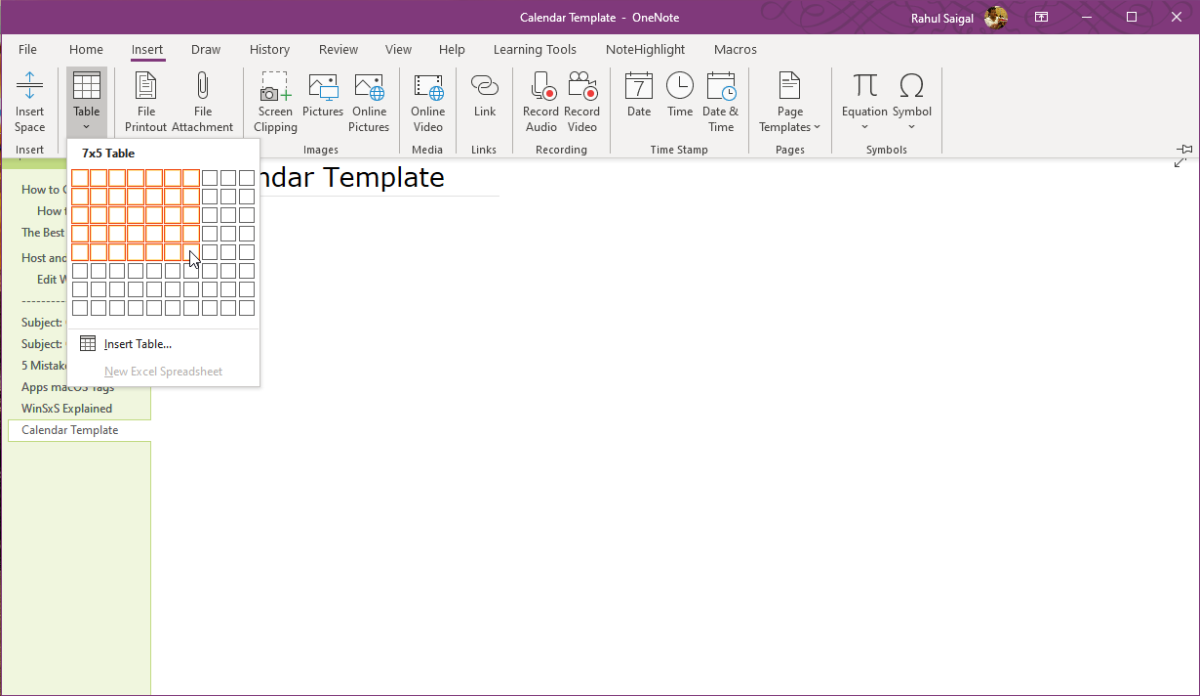 Вставка таблицы в OneNote 2021