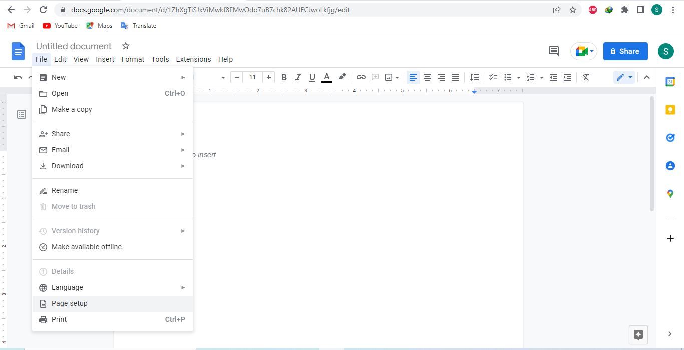 Окно «Настройки страницы» в меню Файл Google Docs