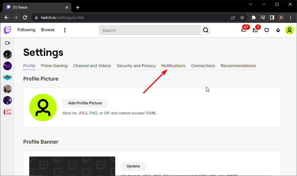 опция уведомления Twitch