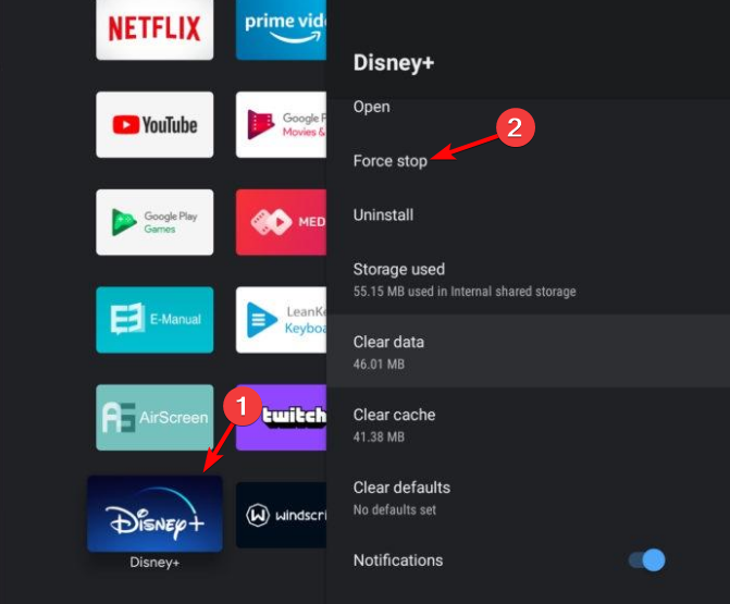 Кнопка принудительной остановки приложения Disney+