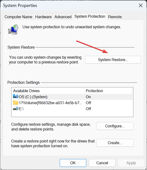 Окно 'Восстановление системы'