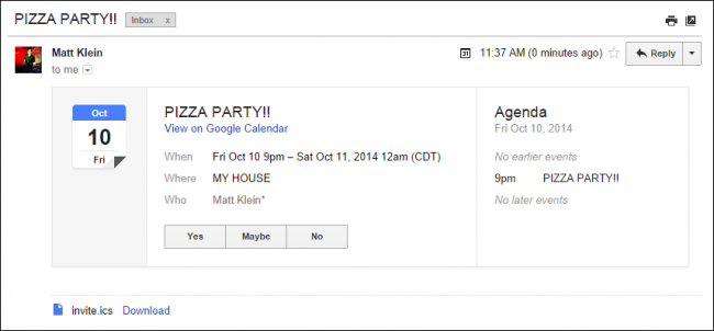 Пример приглашения, отображаемого в внешнем почтовом клиенте