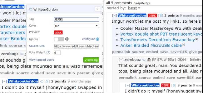 Окно сохранения пользовательского тега с выбором цвета