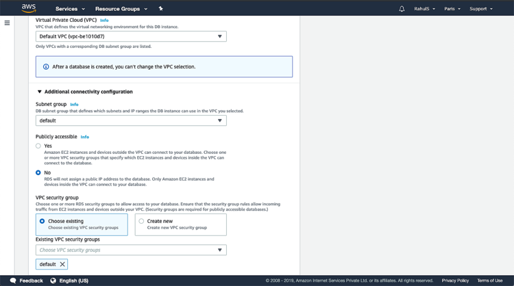 Выбор subnet group и публичного доступа
