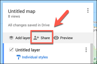 Меню шаринга карты в Google My Maps с настройками доступа