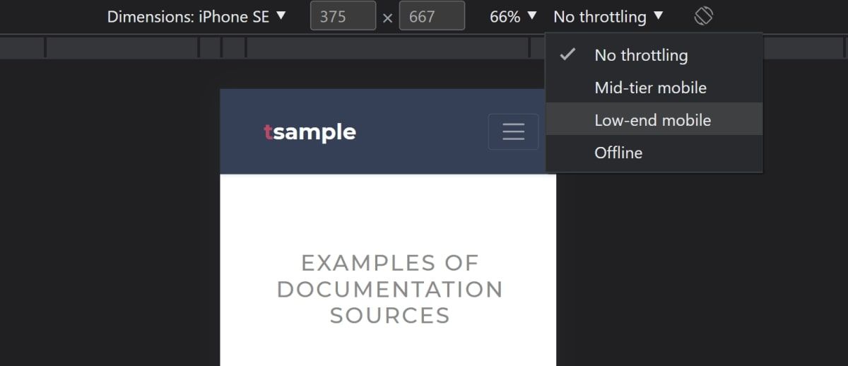 Выпадающий список выбора сетевых условий в DevTools