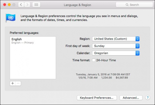 Опции формата даты, времени и валюты