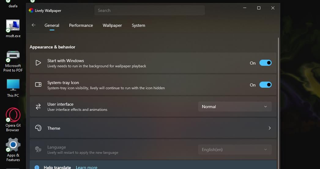 Вкладка Основные в настройках Lively Wallpaper