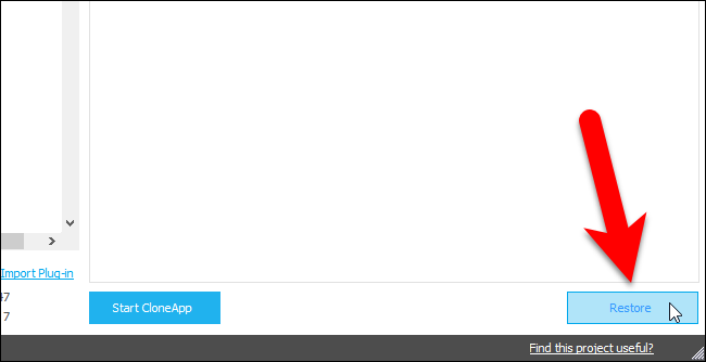 Кнопка Restore в CloneApp